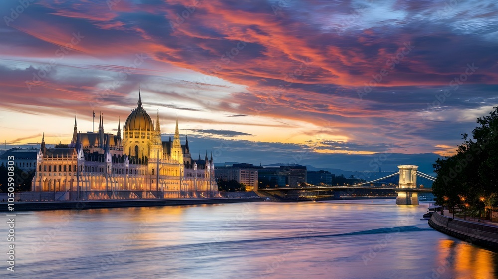 Fototapeta premium Stunning View of the Hungarian Parliament Building at Sunset: A Majestic Scene Featuring Historical Architecture Illuminated by a Warm Glow Against a Colorful Sky Over the Danube River