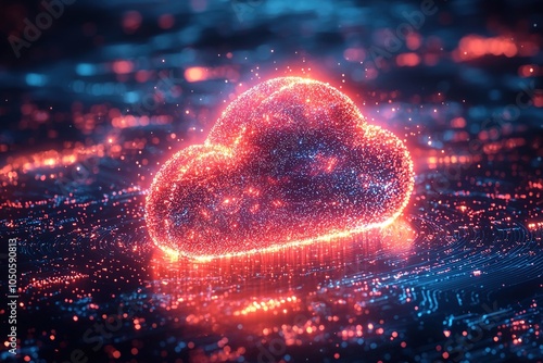 A sleek cloud computing logo featuring a dynamic particle ring circle, symbolizing innovation and data connectivity in a digital world
