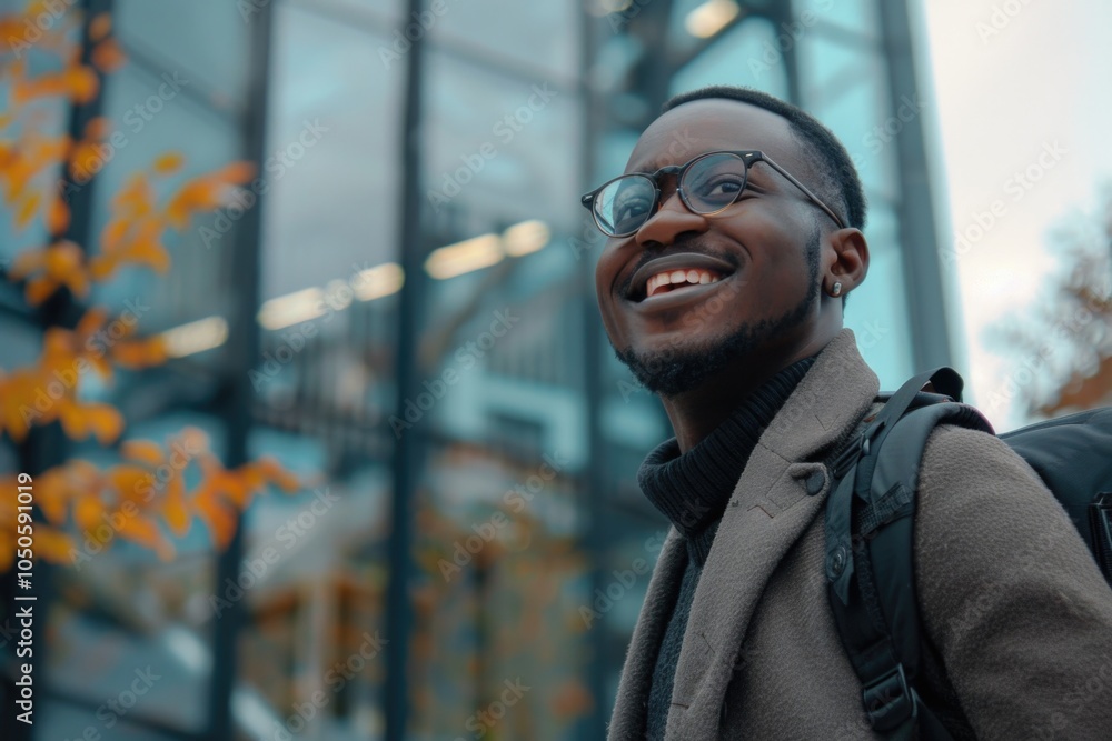 A young adult smiling at the camera, wearing glasses and carrying a backpack, possibly on their way to school or work A young adult smiling at the camera, wearing glasses and carrying a backpack, possibly on their way to school or work