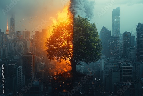 A conceptual illustration of a cityscape where one side is flourishing with nature and clean energy, while the other is dominated by factories and pollution