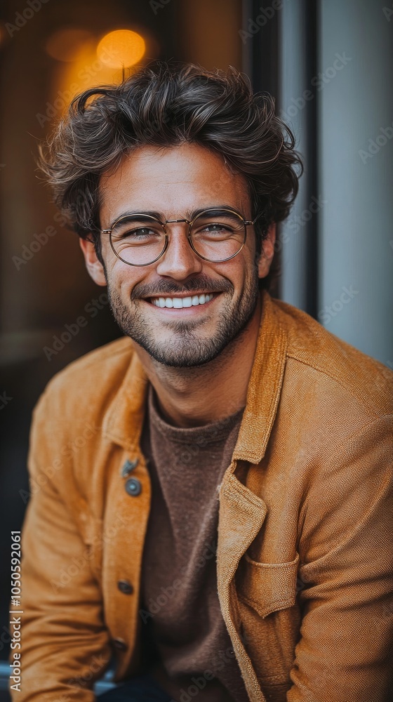 Smiling Young Man with Stylish Hair and Glasses Radiating Positive Vibes in Fashionable Outfit - Joyful and Confident Portrait of a Happy Stoic Man, Generative AI Smiling Young Man with Stylish Hair and Glasses Radiating Positive Vibes in Fashionable Outfit - Joyful and Confident Portrait of a Happy Stoic Man, Generative AI