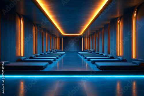 A serene, modern spa interior with glowing blue and orange lighting, featuring lounge areas and a minimalist design.