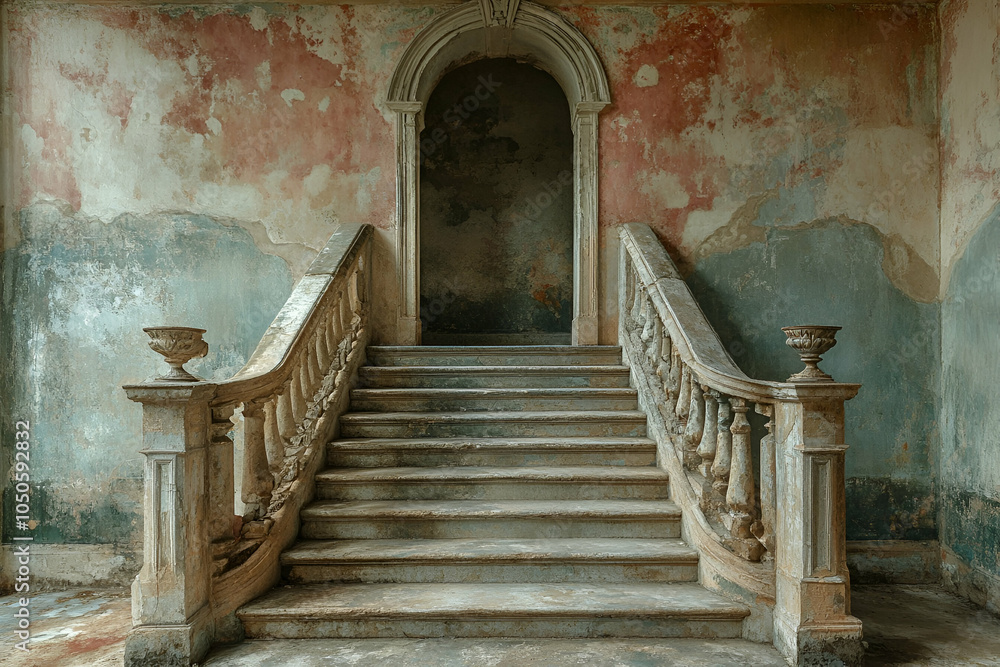 Obraz premium A weathered staircase leads to an arched doorway, surrounded by peeling paint and faded walls, evoking an atmosphere of antiquity and neglect.