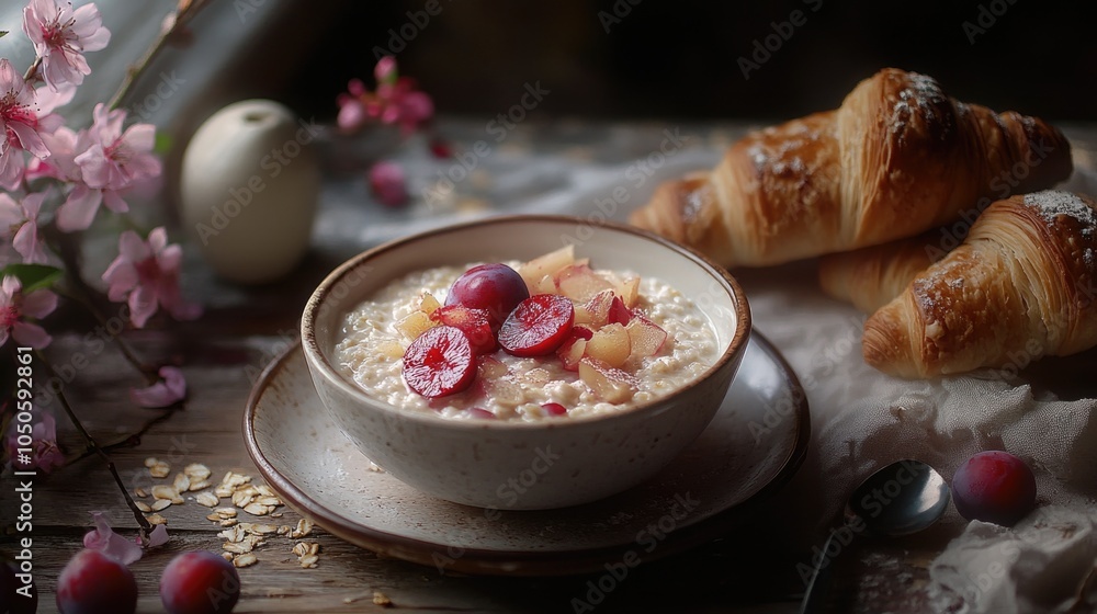 A warm bowl of oatmeal topped with fresh fruit and flaky croissants, perfect for breakfast or brunch A warm bowl of oatmeal topped with fresh fruit and flaky croissants, perfect for breakfast or brunch
