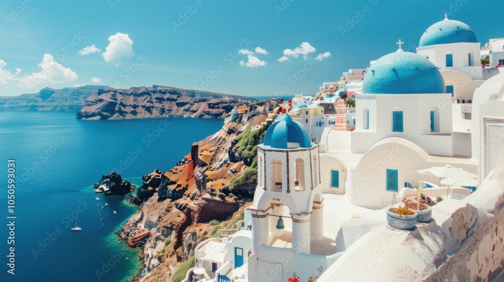 Obraz premium A stunning view of the Santorini caldera with whitewashed buildings and blue domes perched on the cliffside overlooking the sparkling Aegean Sea, classic setting with bright, vibrant colors