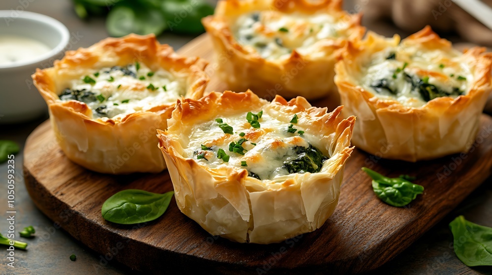 A close-up shot of spinach and artichoke dip cups in flaky phyllo pastry, with melted cheese bubbling on top, placed on a wooden board with small bowls of extra dipping sauce nearby, A close-up shot of spinach and artichoke dip cups in flaky phyllo pastry, with melted cheese bubbling on top, placed on a wooden board with small bowls of extra dipping sauce nearby,