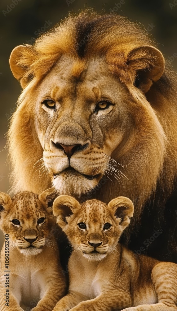 Obraz premium Majestic Lion with Two Cubs, Wildlife Portrait, Close-up View of Powerful Cat, African Animals