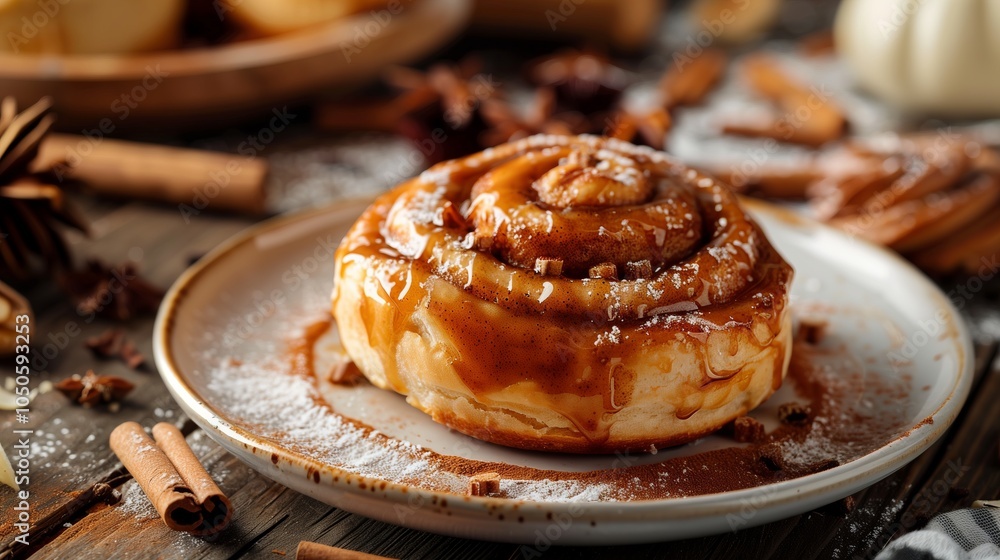 A single cinnamon roll drizzled with icing sits on a plate, bathed in soft, warm light A single cinnamon roll drizzled with icing sits on a plate, bathed in soft, warm light