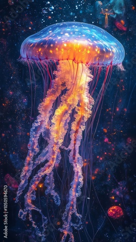 Vividly Colored Bioluminescent Jellyfish in Deep Ocean Waters - AId Art showcasing Luminescent Aquatic Beauty, Generative AI photo