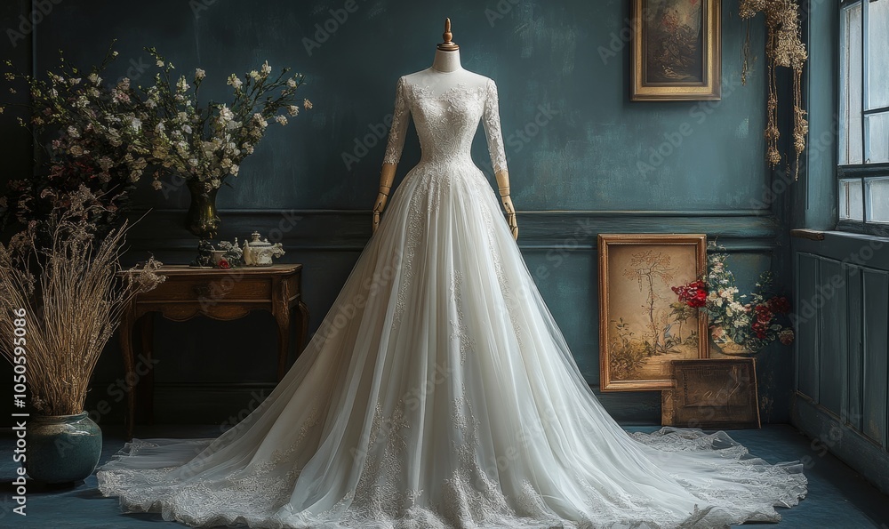 Elegant Luxury Wedding Dress on Mannequin with Long Train in Minimalist Room with Large Window and Floral Arrangement, Generative AI Elegant Luxury Wedding Dress on Mannequin with Long Train in Minimalist Room with Large Window and Floral Arrangement, Generative AI