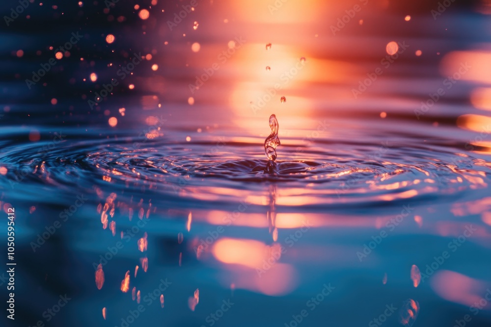 A close-up shot of a single water droplet sitting on the surface of water A close-up shot of a single water droplet sitting on the surface of water