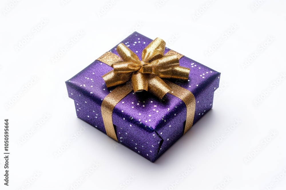 Purple Gift Box with Gold Glitter Ribbon and Bow isolated on white background Purple Gift Box with Gold Glitter Ribbon and Bow isolated on white background