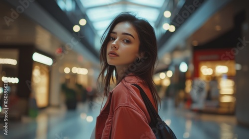 A woman wearing a red jacket stands in a shopping mall, ready to start her day