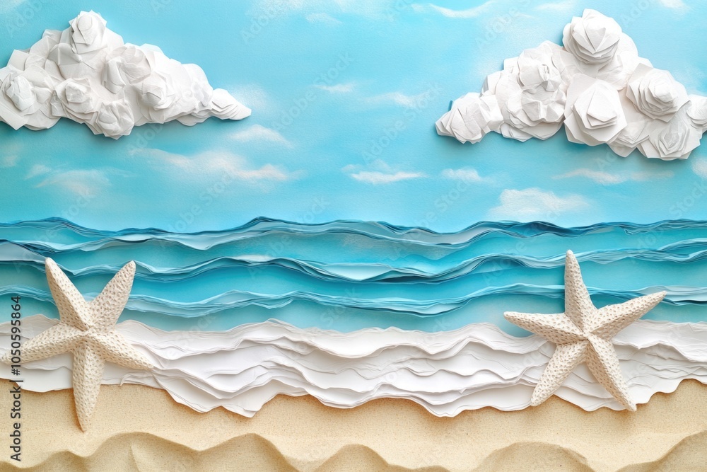 Fototapeta premium Starfish on a sandy beach, cloudy sky
