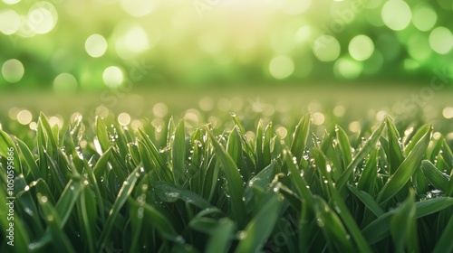 Dew-kissed grass blades glisten under a soft morning light, creating a serene scene, AI