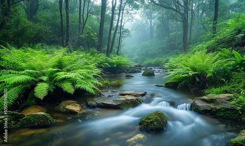 Serene River Flowing Through Misty Forest with Lush Green Foliage and Rocky Banks in Tranquil Natural Landscape, Ideal for Nature Lovers and Tranquility, Generative AI