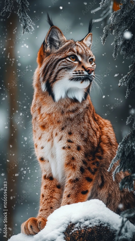 Obraz premium Majestic Lynx Roaming Winter Forest: Solitary Feline in Snow-Covered Wilderness, Captivating Wildlife Portrait, Wildcat Wintery Habitat, Generative AI