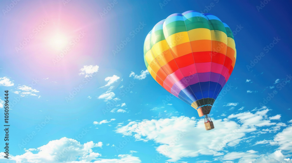 Fototapeta premium Colorful Hot Air Balloon Soaring in a Clear Blue Sky with Bright Sunlight and Fluffy Clouds on a Beautiful Day
