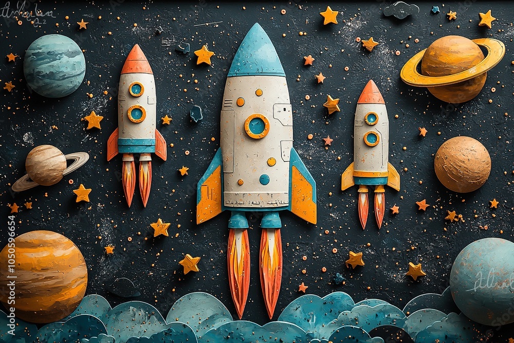 A colorful and fun outer space scene filled with whimsical doodles of spaceships, planets, and colorful stars