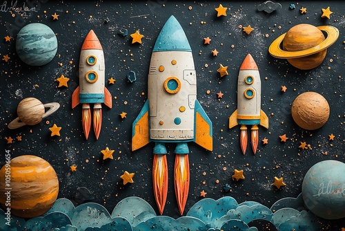 Obraz na płótnie A colorful and fun outer space scene filled with whimsical doodles of spaceships, planets, and colorful stars w salonie