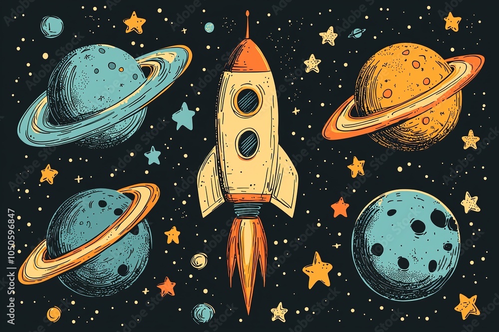 A colorful and fun outer space scene filled with whimsical doodles of spaceships, planets, and colorful stars
