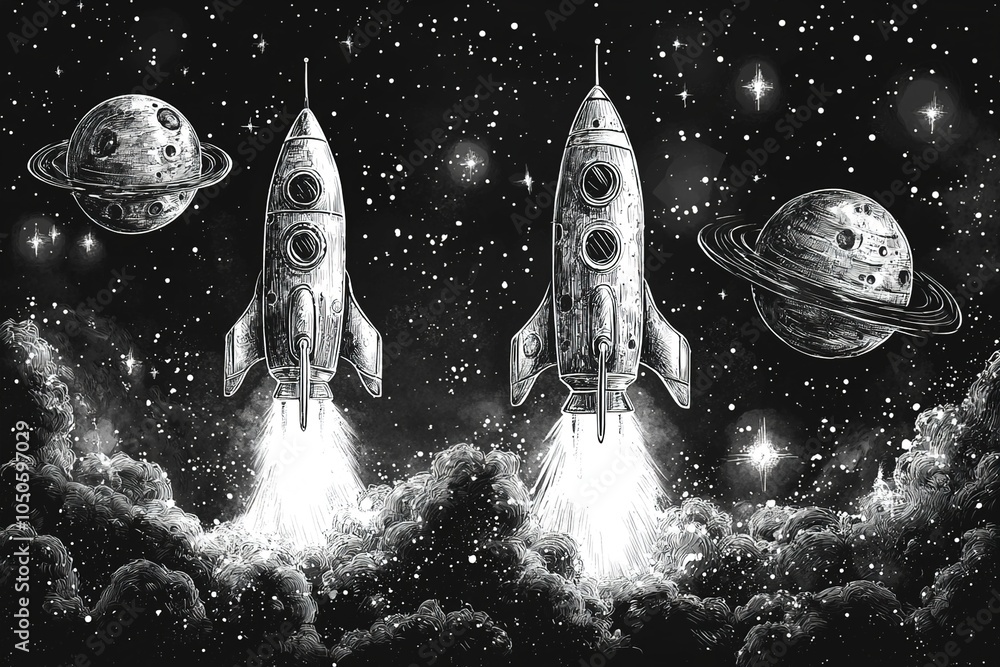 A colorful and fun outer space scene filled with whimsical doodles of spaceships, planets, and colorful stars