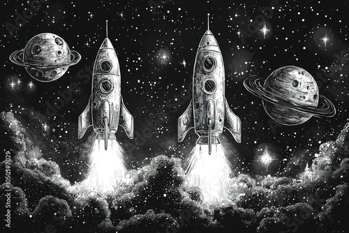 Obraz na płótnie A colorful and fun outer space scene filled with whimsical doodles of spaceships, planets, and colorful stars w salonie