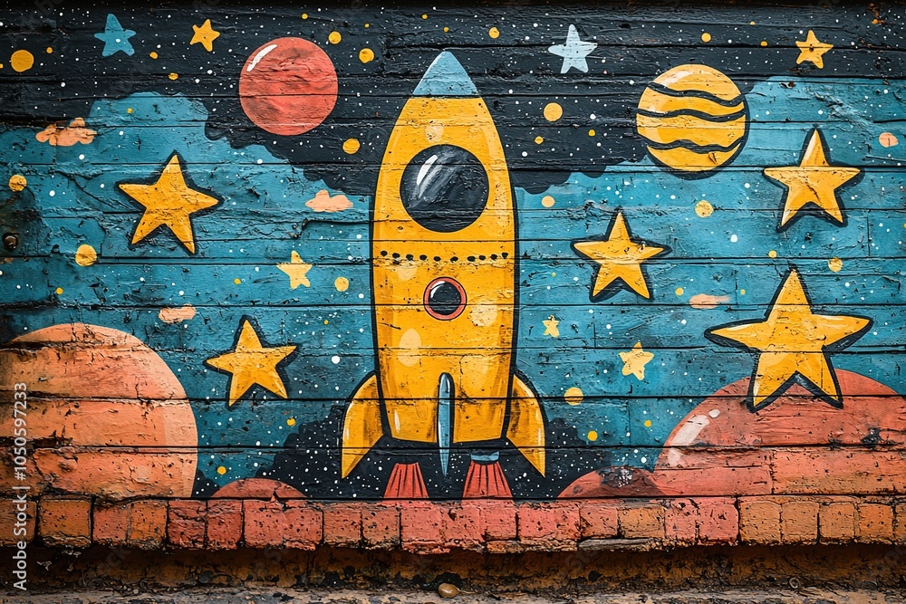 An imaginative illustration of outer space, showcasing adorable doodle-style spaceships and smiling planets with unique designs