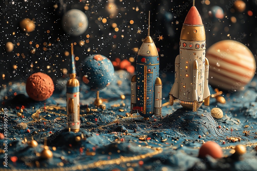 An imaginative illustration of outer space, showcasing adorable doodle-style spaceships and smiling planets with unique designs
