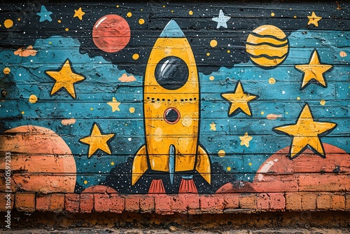Obraz na płótnie An imaginative illustration of outer space, showcasing adorable doodle-style spaceships and smiling planets with unique designs w salonie