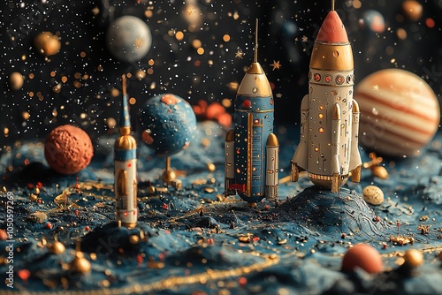 Obraz na płótnie An imaginative illustration of outer space, showcasing adorable doodle-style spaceships and smiling planets with unique designs w salonie