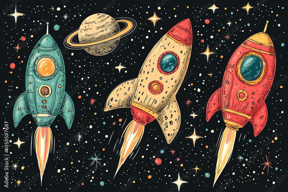 An imaginative illustration of outer space, showcasing adorable doodle-style spaceships and smiling planets with unique designs
