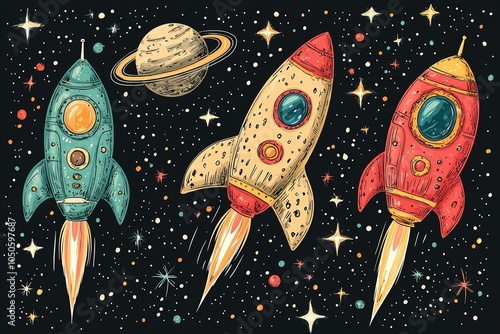 Obraz na płótnie An imaginative illustration of outer space, showcasing adorable doodle-style spaceships and smiling planets with unique designs w salonie