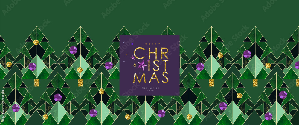 Fototapeta premium Merry Christmas! 2025. Vector modern abstract geometric minimalistic illustration of Christmas tree and balls pattern for greeting card, corporate postcard, banner, flyer, invitation or background