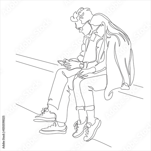 Man and woman in glasses using phones and sitting on park bench. Internet addiction. Line drawing. Black and white vector in line art style.
