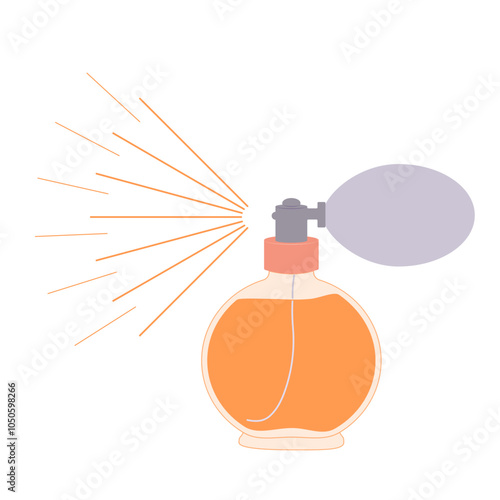 Perfume transparent bottle with orange liquid, spray balloon, pipe inside and streams. Vector illustration isolated on white background.