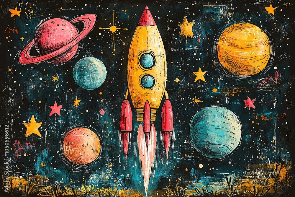 Cute cartoonish illustrations of playful spaceships zooming around vibrant planets in a dreamy outer space backdrop