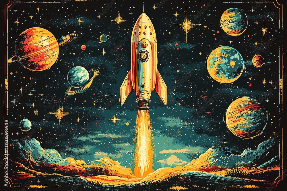 Cute cartoonish illustrations of playful spaceships zooming around vibrant planets in a dreamy outer space backdrop