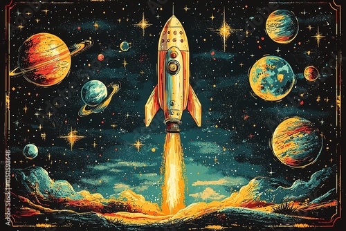 Obraz na płótnie Cute cartoonish illustrations of playful spaceships zooming around vibrant planets in a dreamy outer space backdrop w salonie