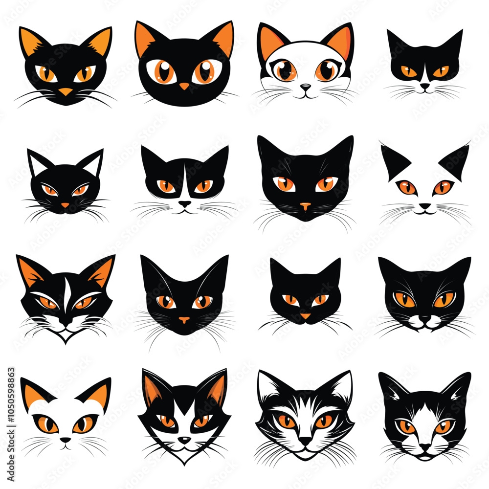 Fototapeta premium Black and White Cat Faces with Orange Eyes Vector Collection – Cartoon Cat Heads on White Background