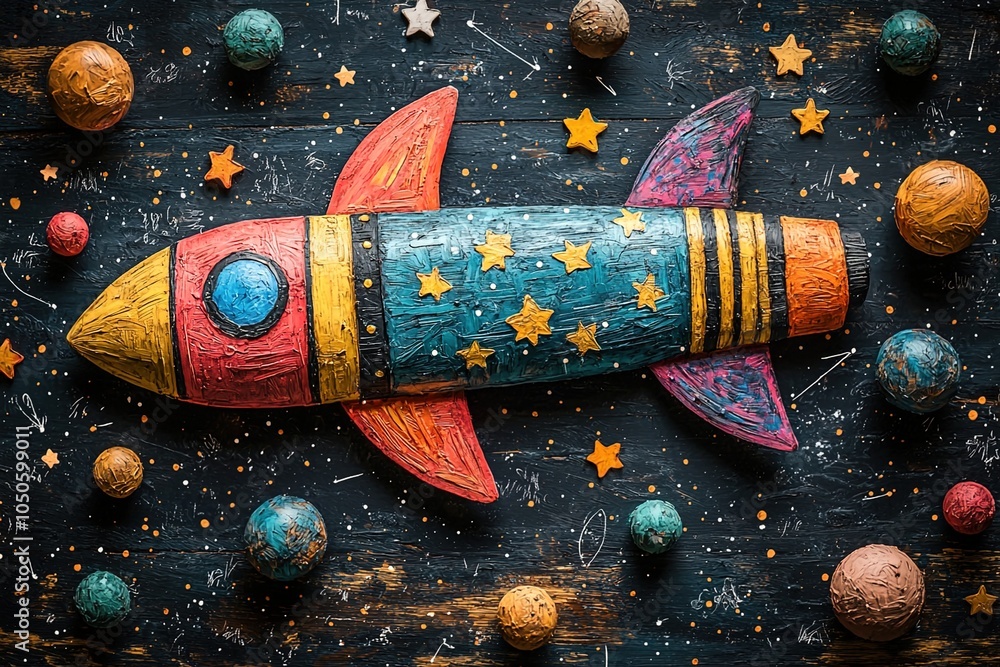 Cute cartoonish illustrations of playful spaceships zooming around vibrant planets in a dreamy outer space backdrop