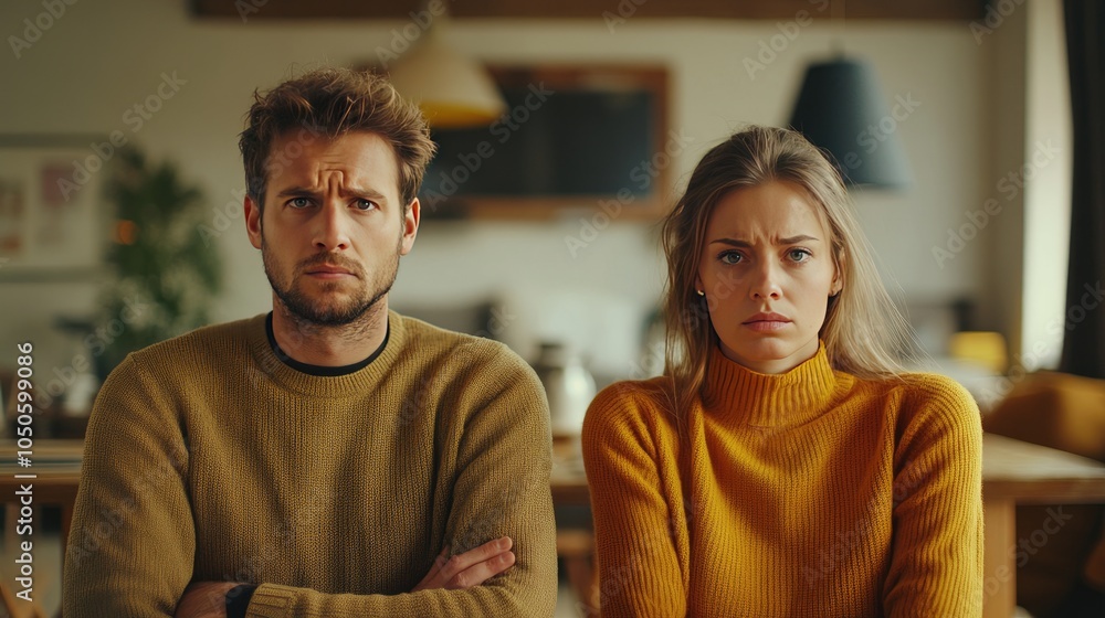 Young Couple in Conflict: Frustrated Expressions in Cozy Home Setting