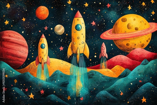 Obraz na płótnie Cute cartoonish illustrations of playful spaceships zooming around vibrant planets in a dreamy outer space backdrop w salonie