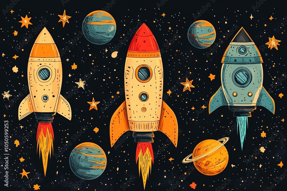 A whimsical collection of doodle-style spaceships and colorful planets, creating an enchanting outer space scene