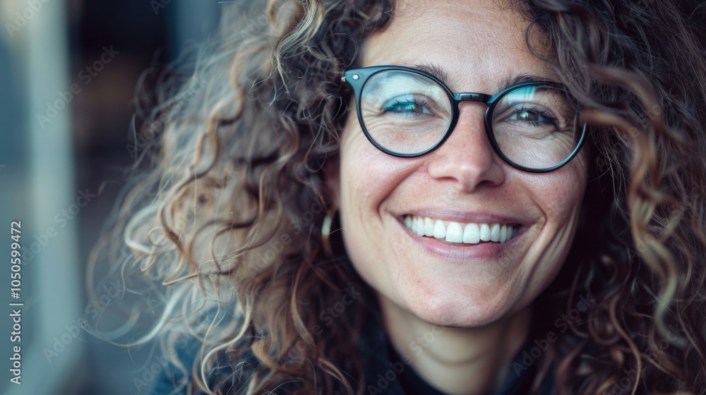 A close-up shot of a happy woman wearing glasses, smiling for the camera A close-up shot of a happy woman wearing glasses, smiling for the camera