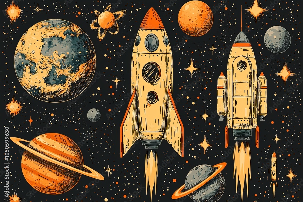 A whimsical collection of doodle-style spaceships and colorful planets, creating an enchanting outer space scene