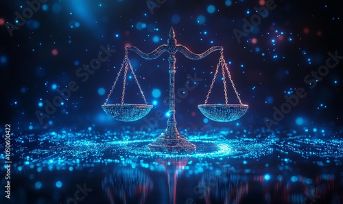 Scales of justice in a futuristic cyber world, symbolizing law, order, and legal technology in a digital era with blue neon lights and abstract data, Generative AI