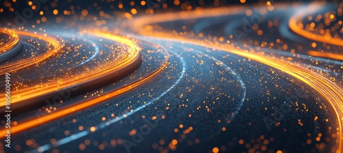 Abstract Flowing Lines of Light With Particles, Motion Blur, Technology Background, 3D Render