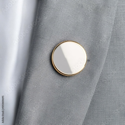 Blank metallic pin button on the lapel of a grey suit jacket, focus on the button for high-end promotional designs, pin button mockup, professional look