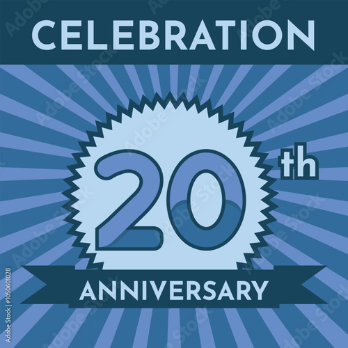 Celebration 20th Anniversary - Blue Layout. Circular Zig Zag Seal with Ribbon on Radial Background. Square Shape.